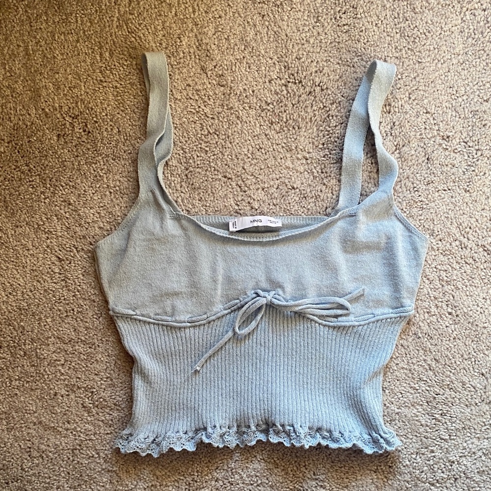 Mango Light Blue Stretchy Ruffled Knit Tank
